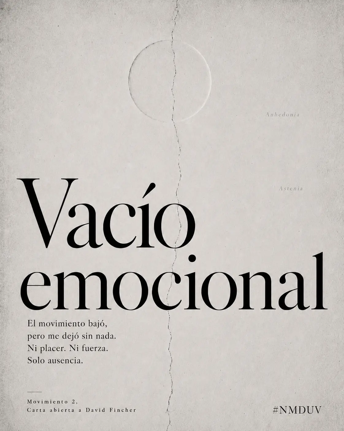 La frase Vacío emocional sobre una superficie clara atravesada por una grieta.