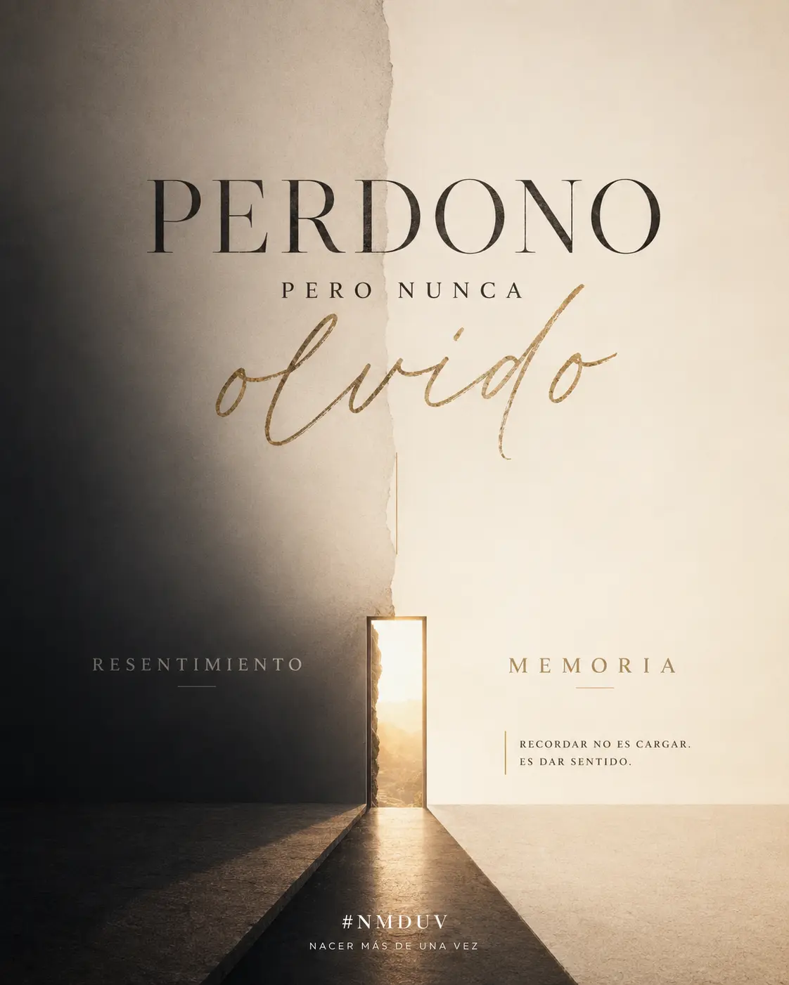 Gráfico Perdono, pero nunca olvido: pared entre sombra y luz con una puerta iluminada al centro.